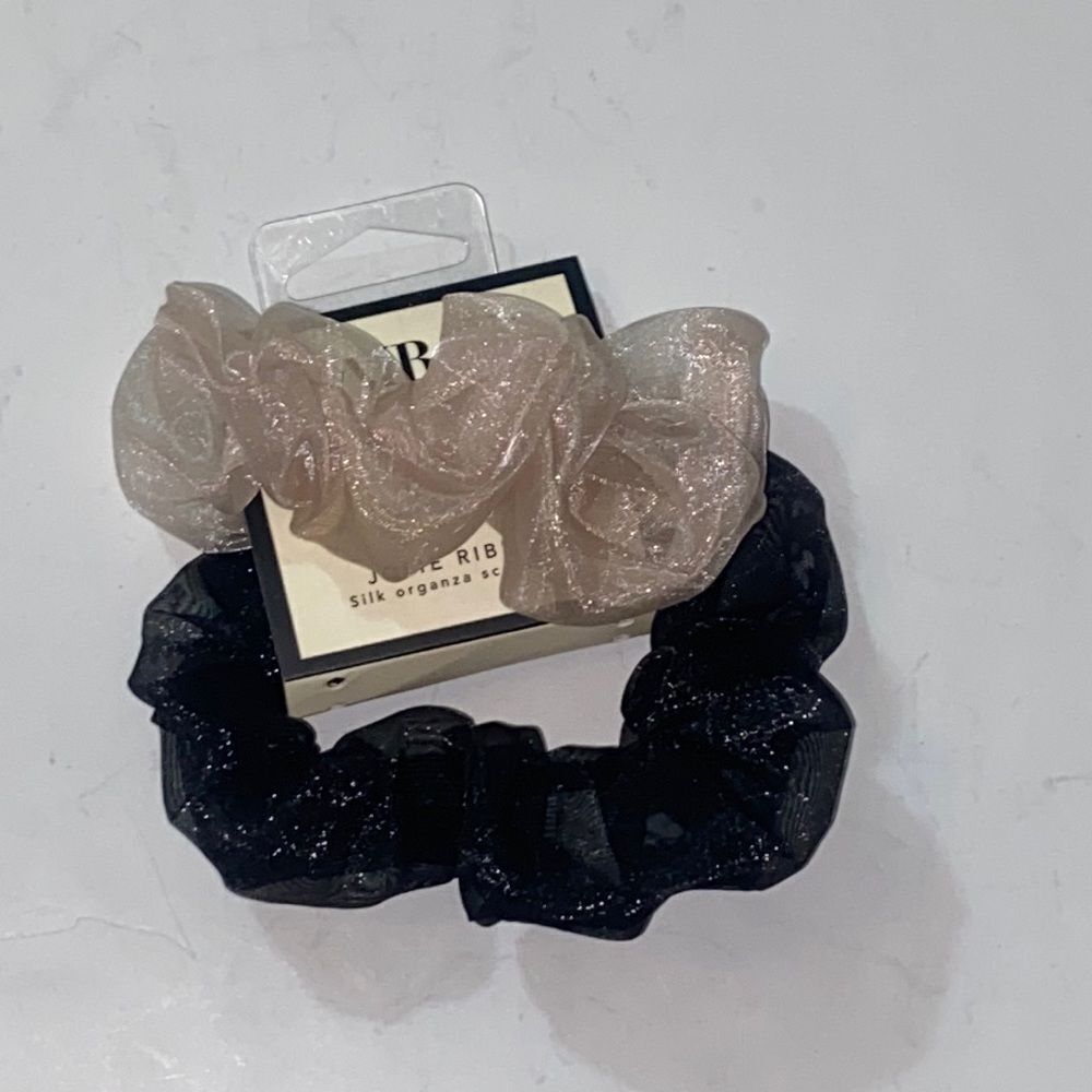 Hair Edit Curated Collation Jolie Ribbon Silk Organza Scrunchies Ivory & Black